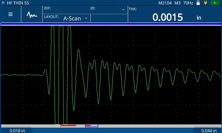 72DL PLUS超声测厚仪使用M2104（125 MHz）探头测量薄钢板（0.0381 mm）